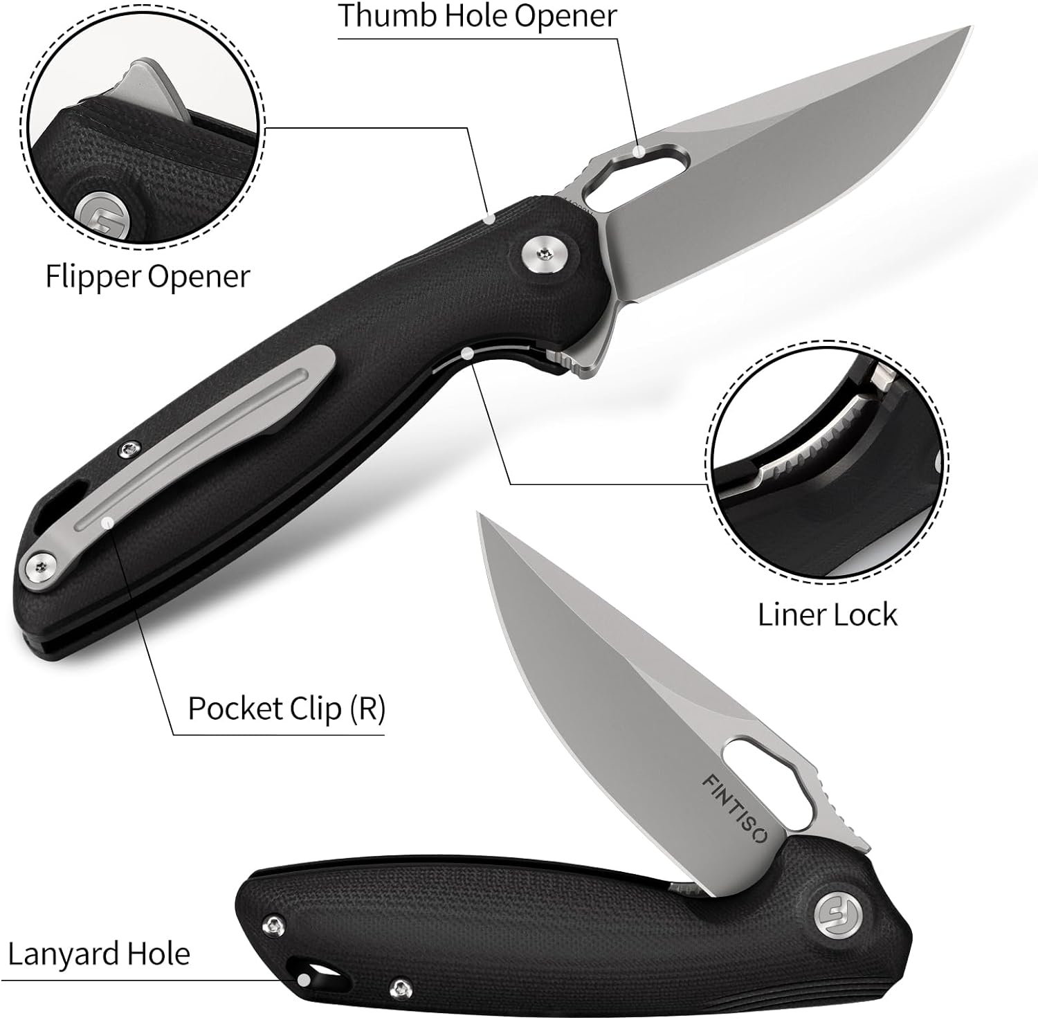  Black 3.38" Folding Knife | 14C28N Blade | Atlas | FINTISO