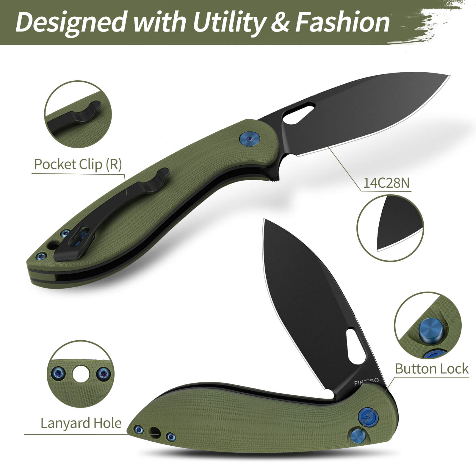 Olive 3.1" Folding Knife  |14C28N Blade | COBRA | FINTISO