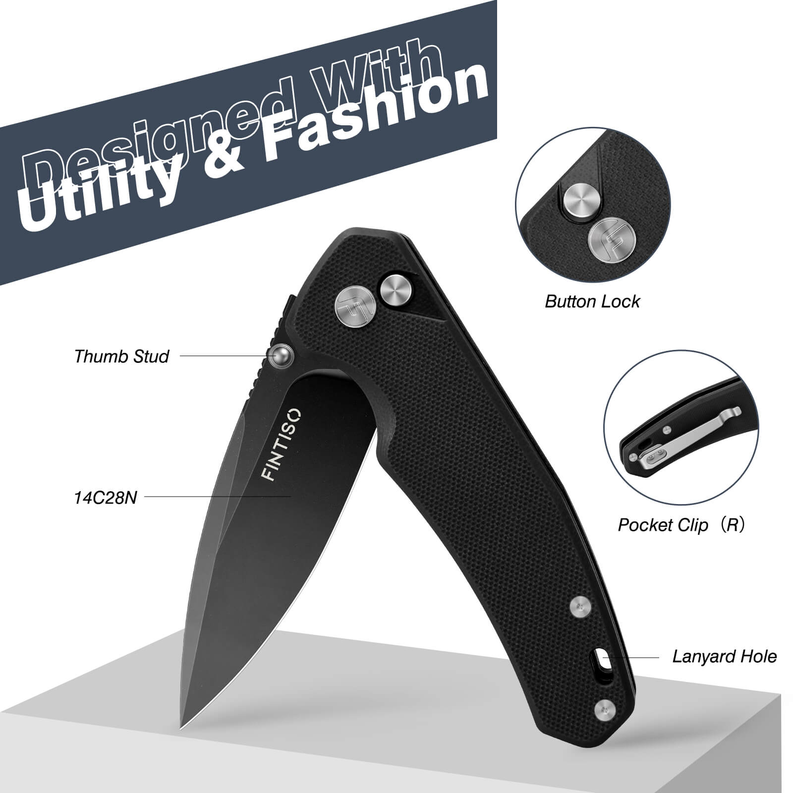 Black 3" Folding Knife  |14C28N Blade | HARPE | FINTISO