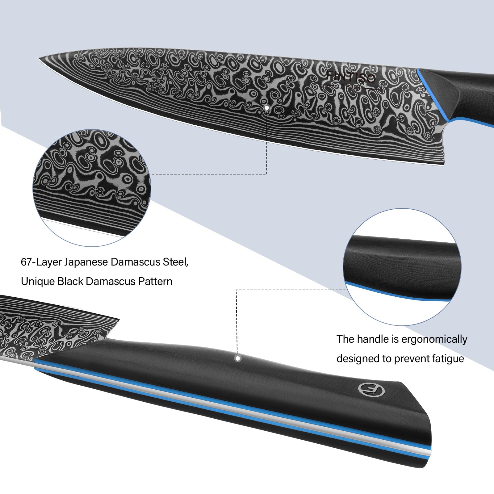 Blue Black 8" Chef Knife  | 67-Layer Damascus Blade | G10 | ZEUS | FINTISO