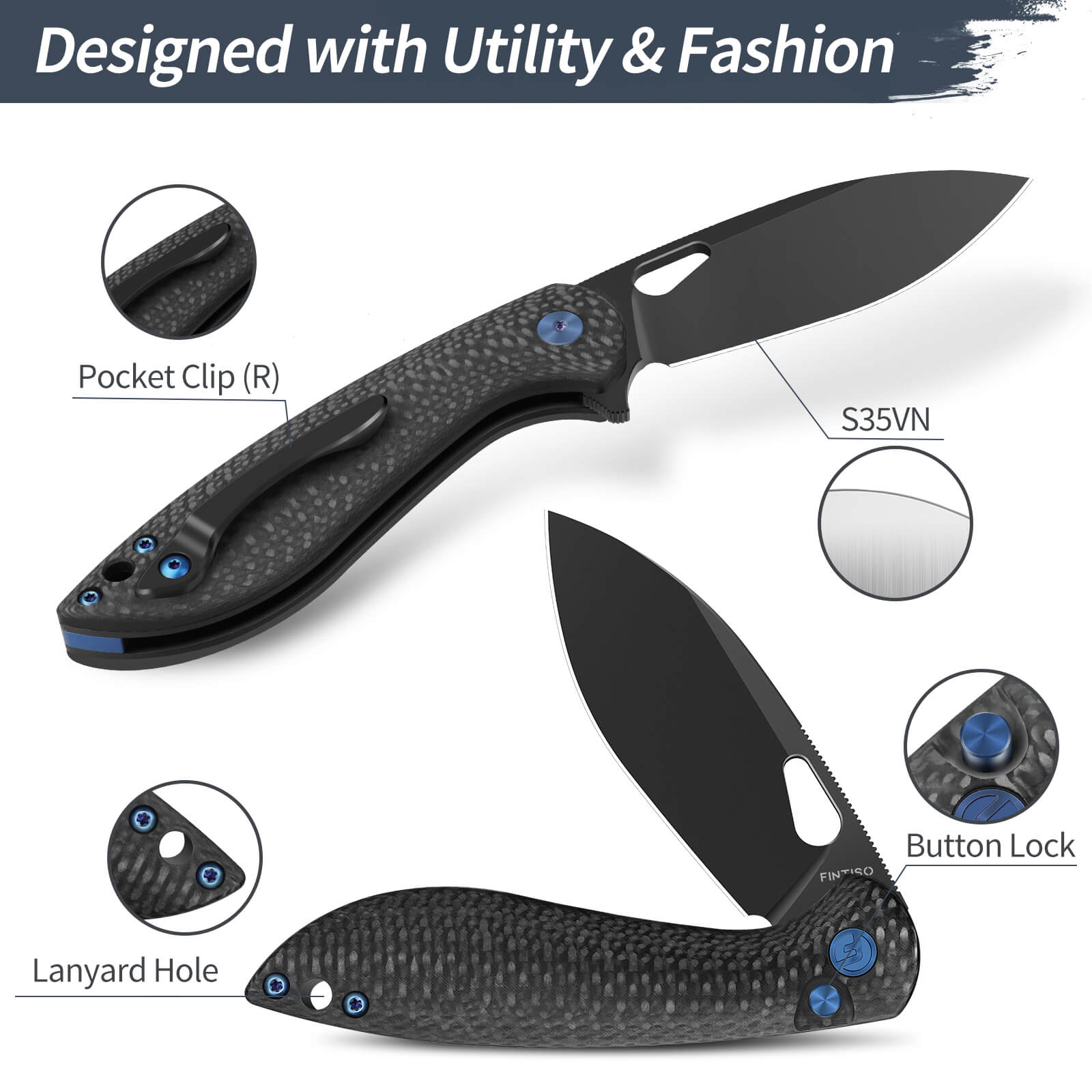 Carbon Fiber Composite 3.1" Folding Knife  |S35VN Blade | COBRA | FINTISO