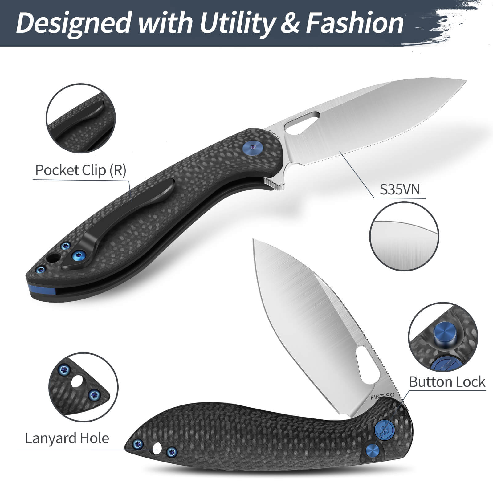 Carbon Fiber Hybrid Composite 3.1" Folding Knife  |S35VN Blade | COBRA | FINTISO