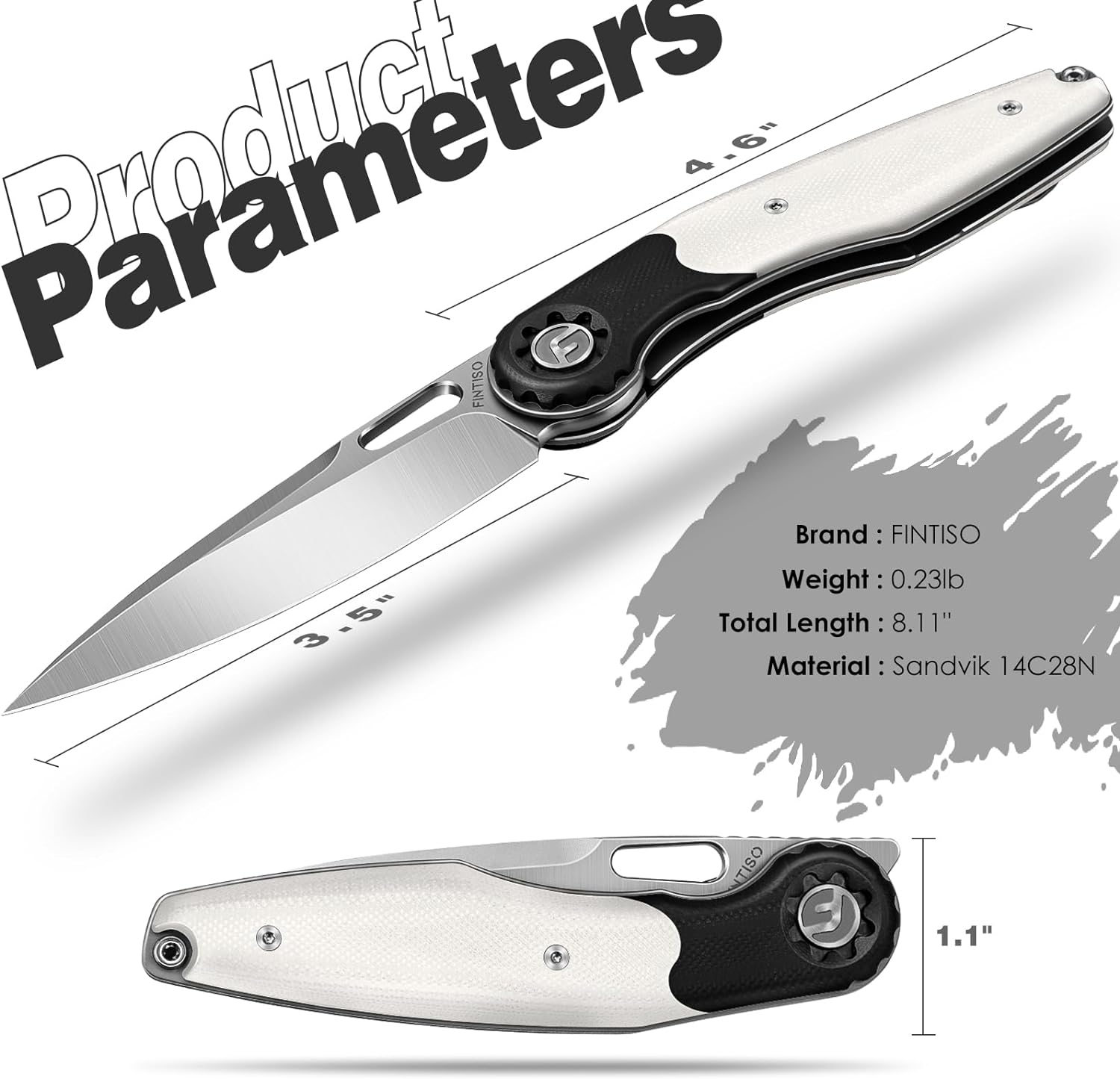 White  3.5" Folding Knife | 14C28N Blade | Rook | FINTISO