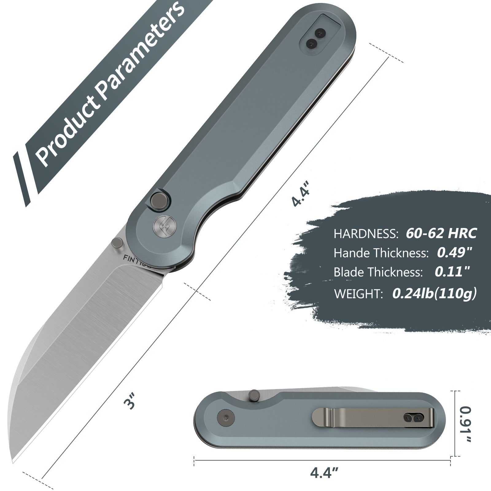 Grey 3" Folding Knife | 14C28N | G10 | Parrot | FINTISO