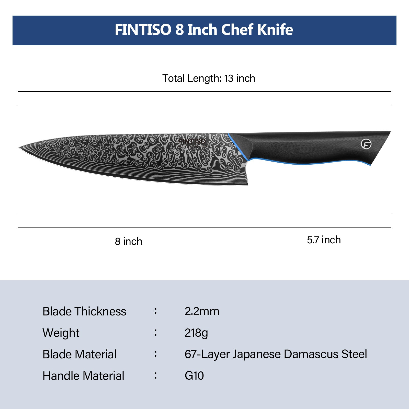 Blue Black 8" Chef Knife  | 67-Layer Damascus Blade | G10 | ZEUS | FINTISO