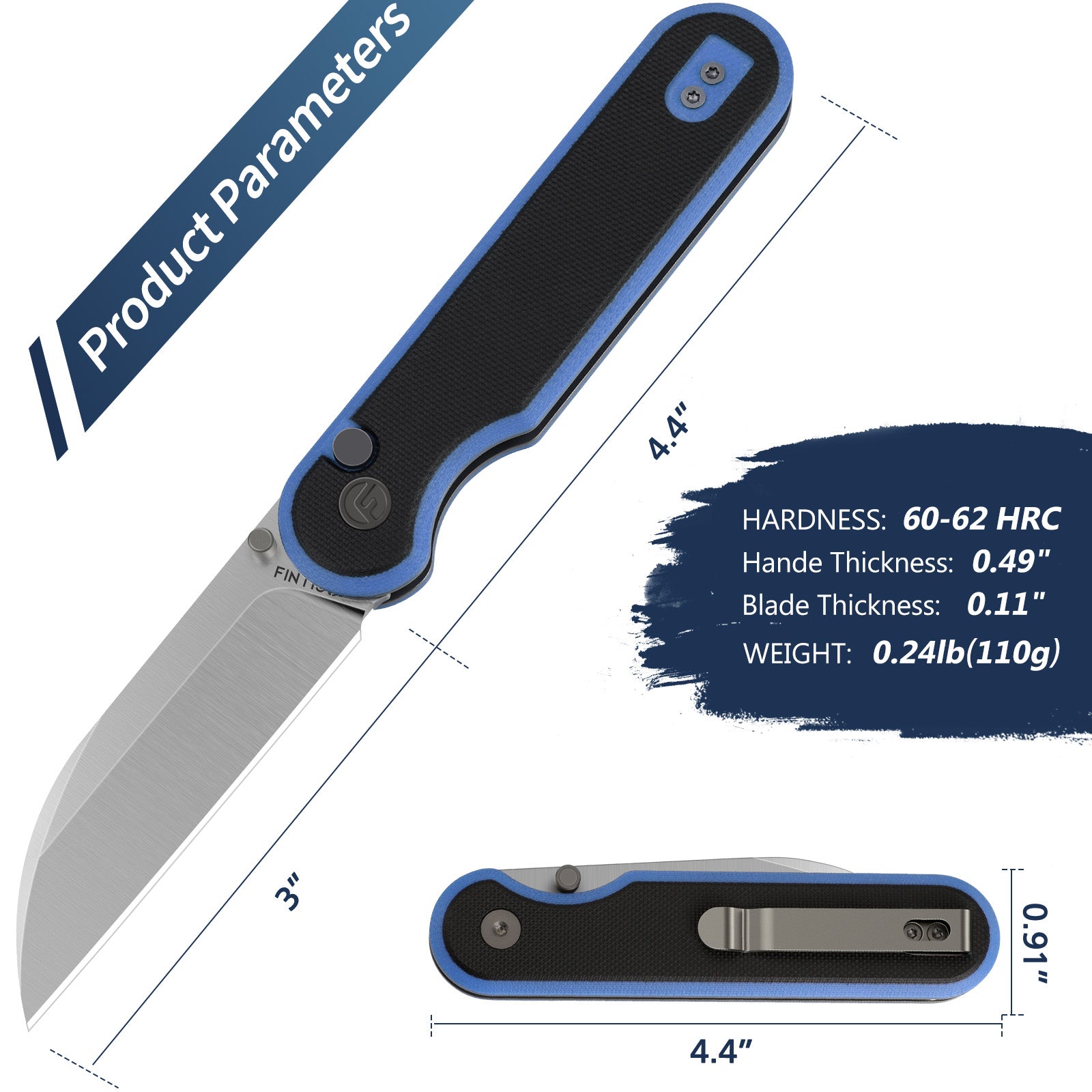 Black Blue 3" Folding Knife | 14C28N | G10 | Parrot | FINTISO