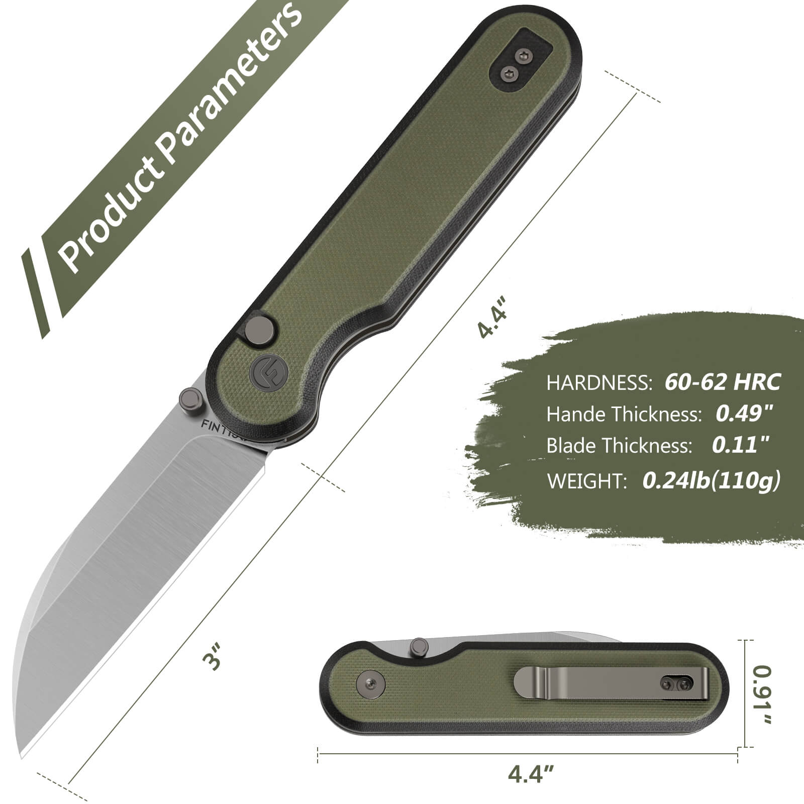 Black Green 3" Folding Knife | 14C28N | G10 | Parrot | FINTISO