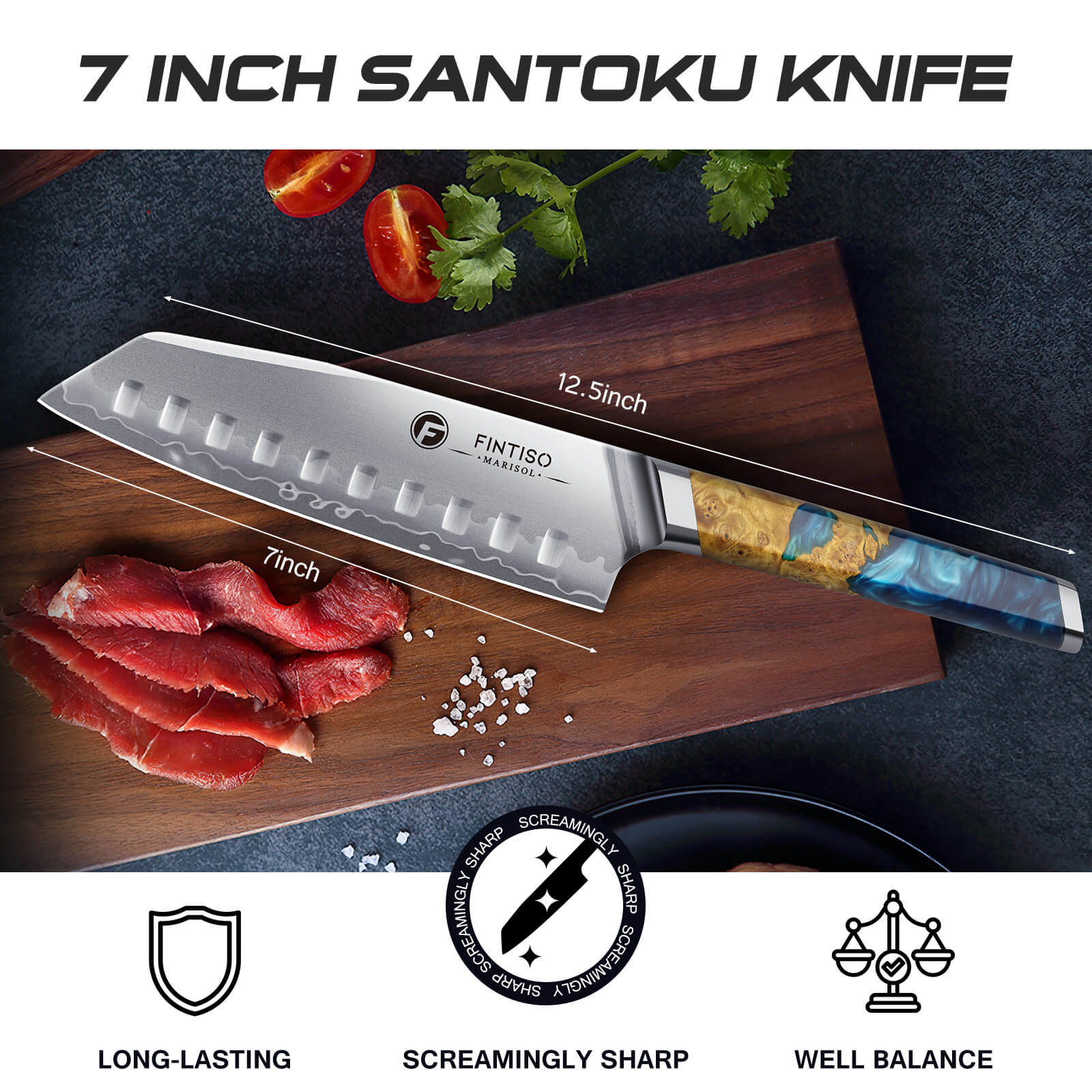 7" Santoku Knife | 7-Layer S35VN | Stablized Wood | Marisol | FINTISO