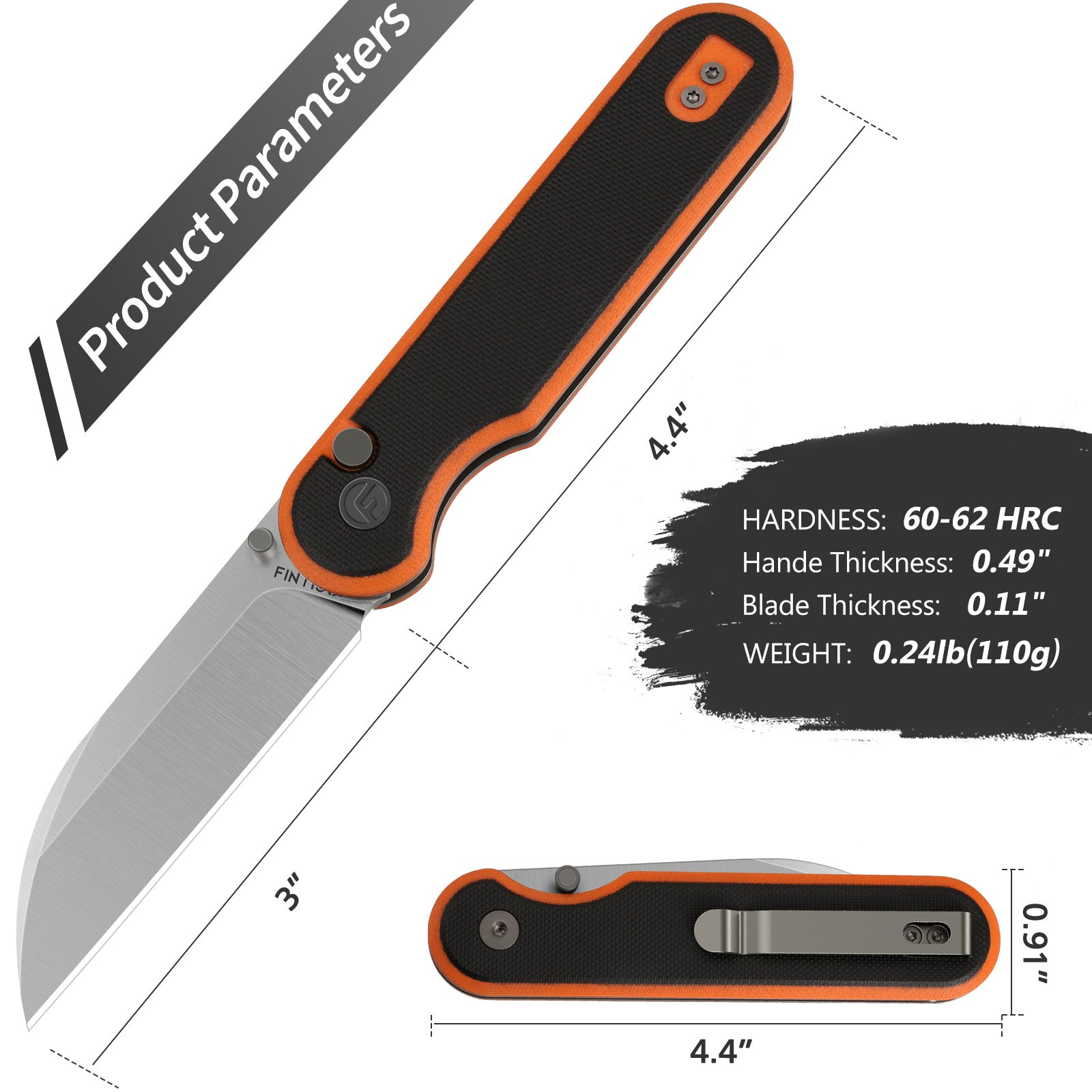 Black Orange 3" Folding Knife | 14C28N | G10 | Parrot | FINTISO