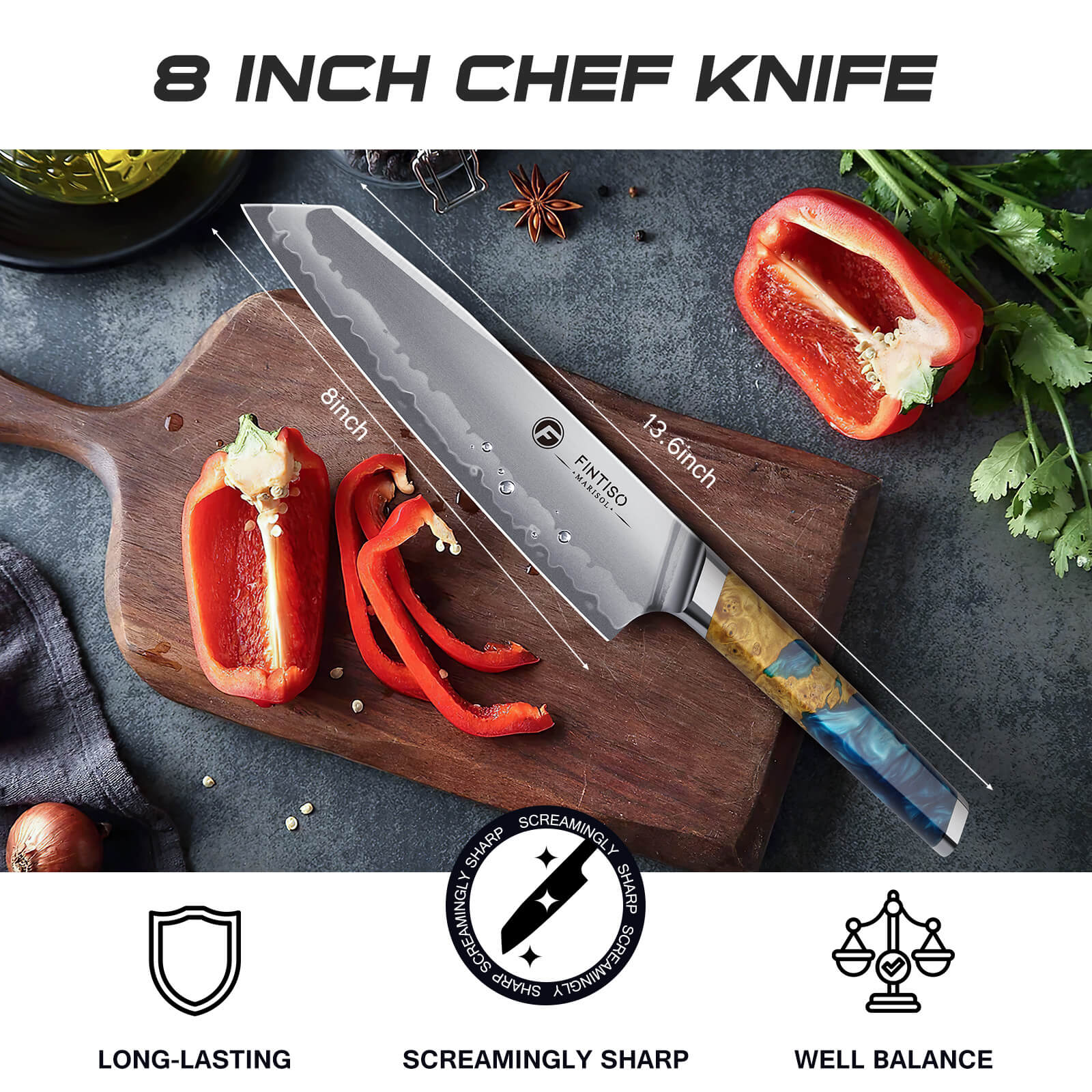 8" Chef Knife | 7-Layer S35VN  | Stablized Wood | Marisol | FINTISO