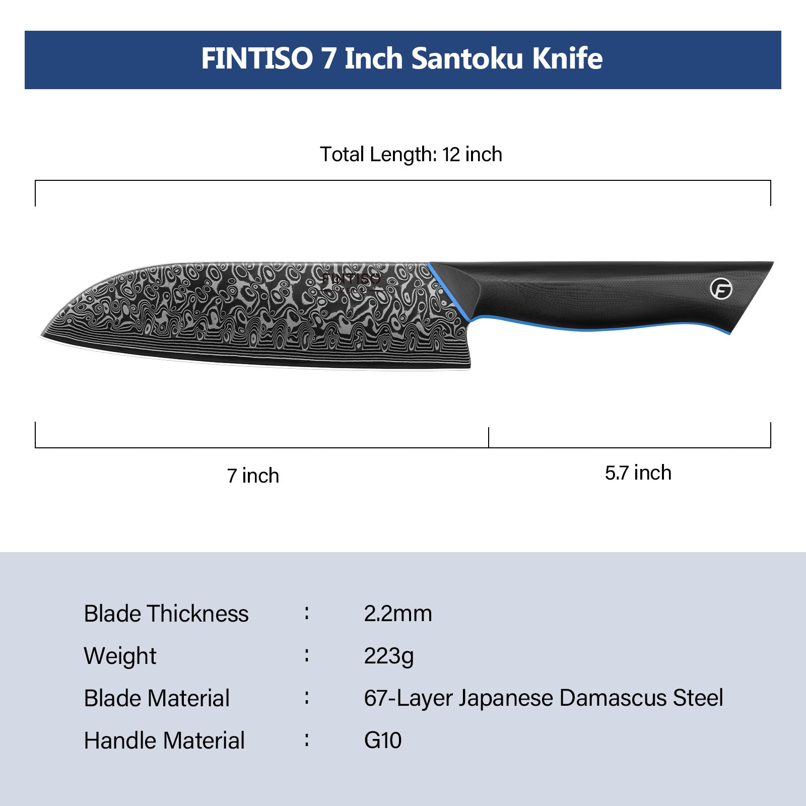 Blue Black 7" Santoku Knife  | 67-Layer Damascus Blade | G10 | ZEUS | FINTISO