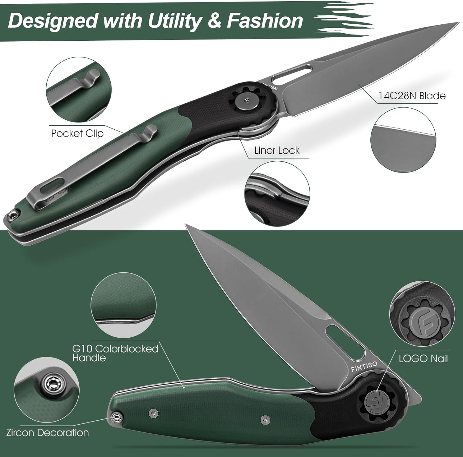 Olive  3.5" Folding Knife | 14C28N Blade | Rook | FINTISO