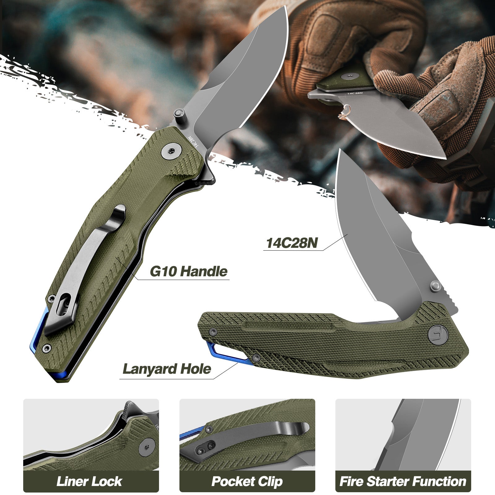 Green 3.26" Folding Knife | 14C28N | G10 | FALCON | FINTISO