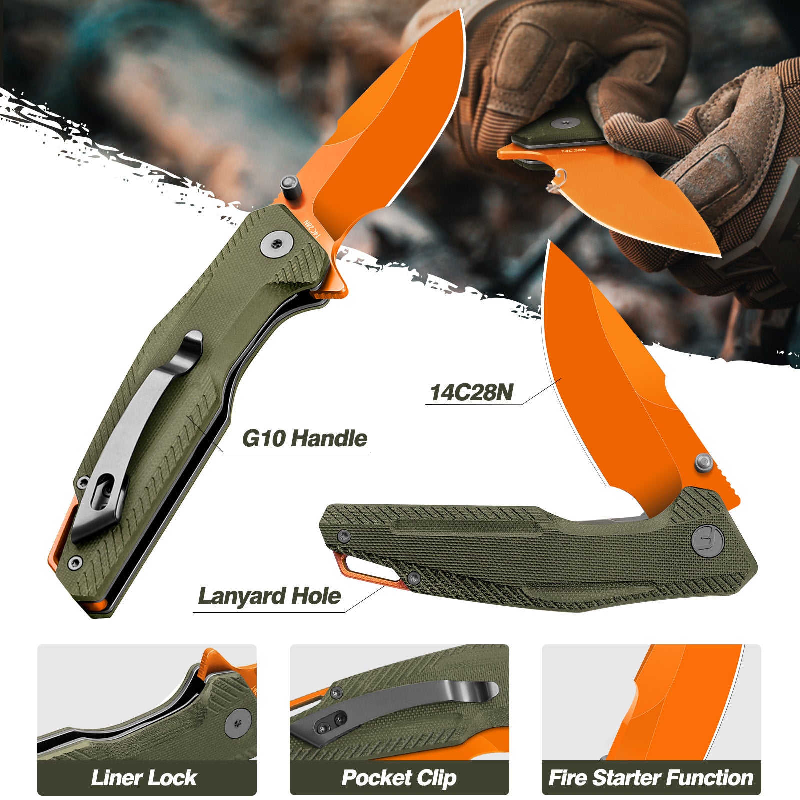 Orange-Green 3.26" Folding Knife | 14C28N | G10 | FALCON | FINTISO